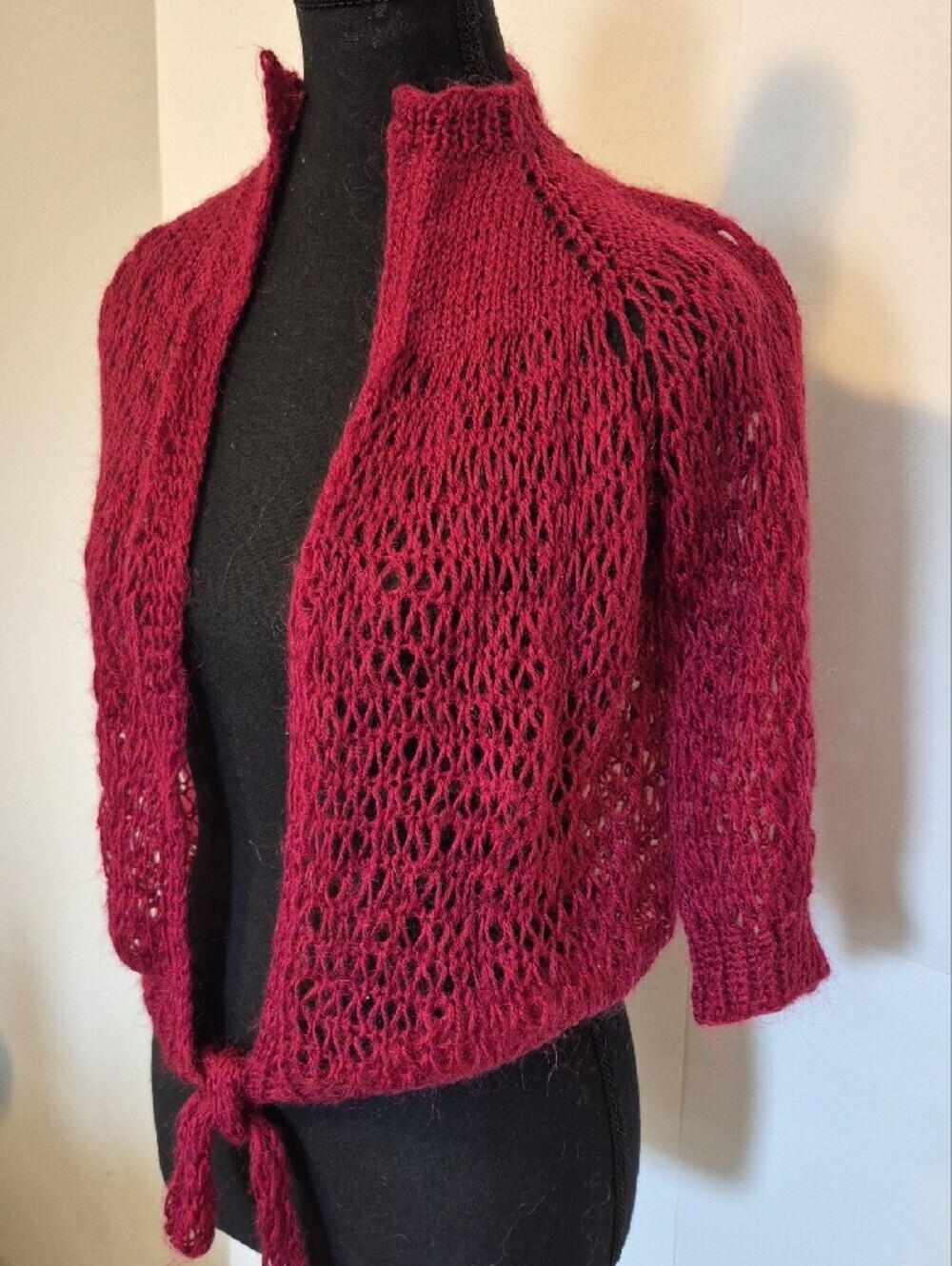 Open-Knit Tie-Front Women's Sweater Cardigan in Burgundy - Picture 3 of 6